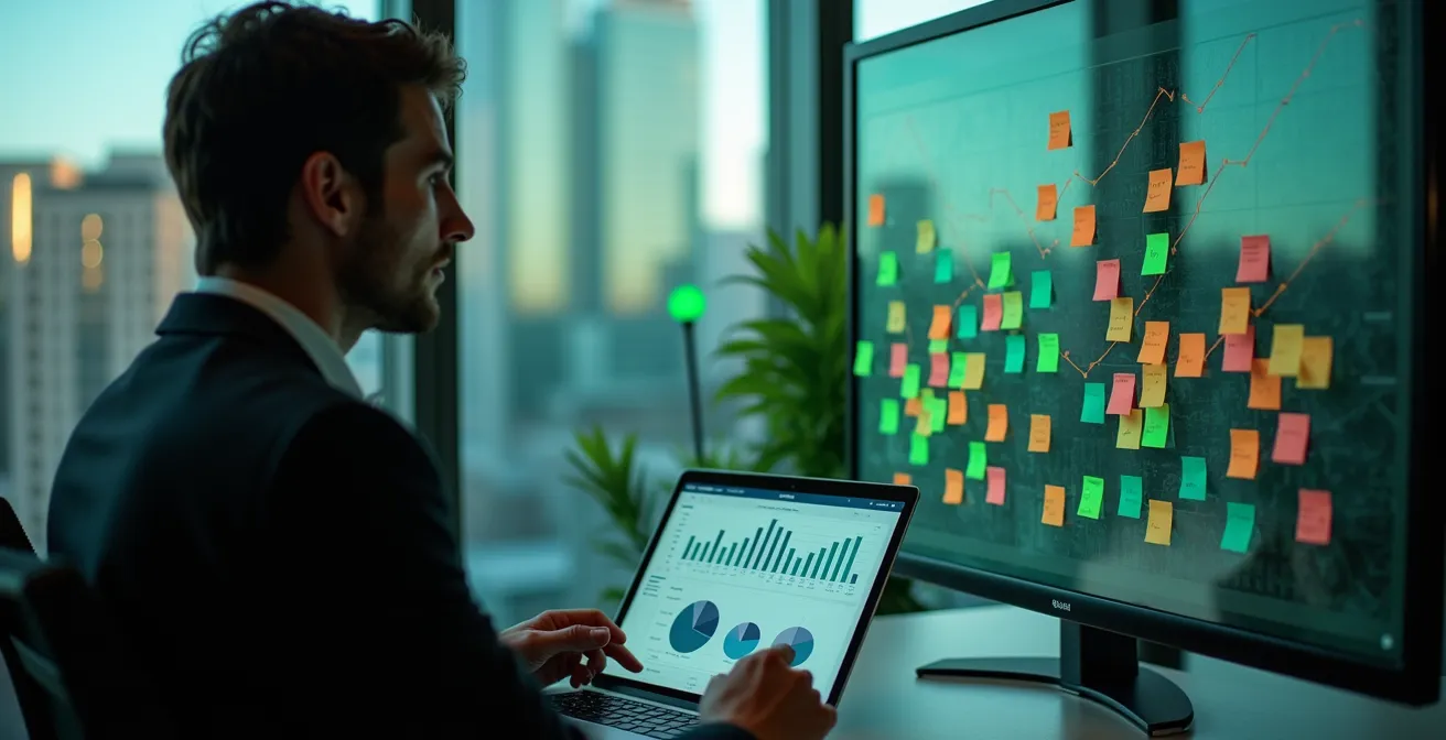 Analyse de tableaux de bord commerciaux montrant des indicateurs d'intérêt client dans un bureau moderne