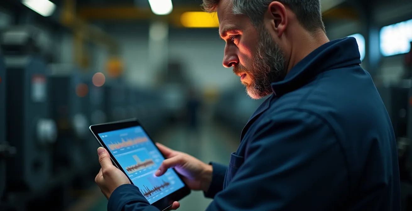 Technicien utilisant une tablette pour analyser des spectres de vibration dans une usine montréalaise