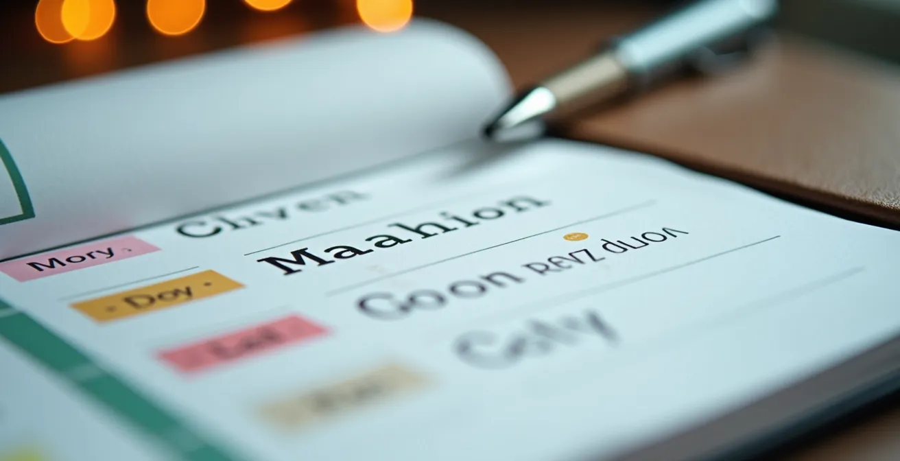 Vue macro d'un calendrier professionnel avec marqueurs colorés pour les missions commerciales