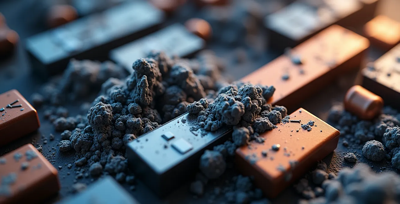 Vue macro détaillée de composants de batterie électrique avec textures métalliques et cristallines