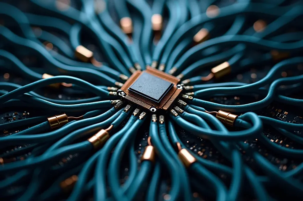 Vue macro de circuits imprimés symbolisant la complexité excessive d'une sur-personnalisation logicielle