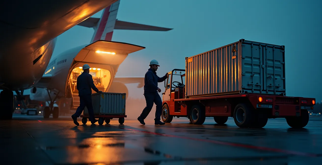 Vue atmosphérique d'un terminal cargo au crépuscule avec activité de chargement