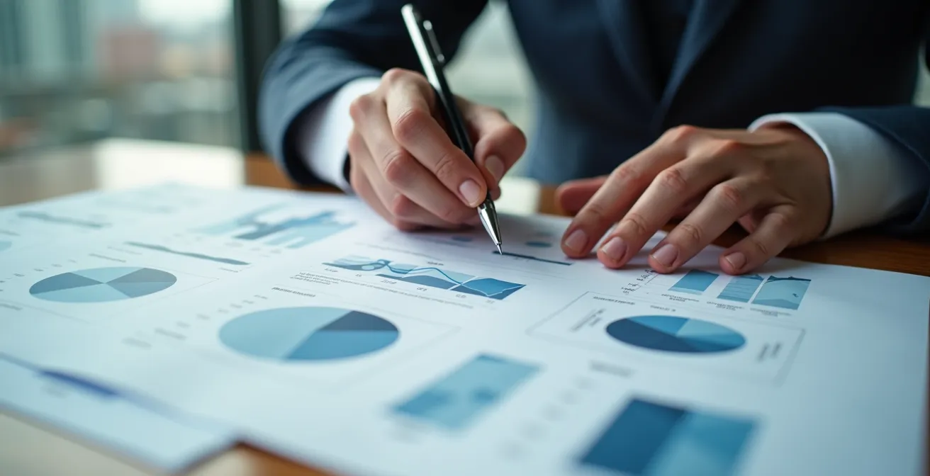 Gros plan sur des mains analysant des documents contractuels sur un bureau avec calculatrice