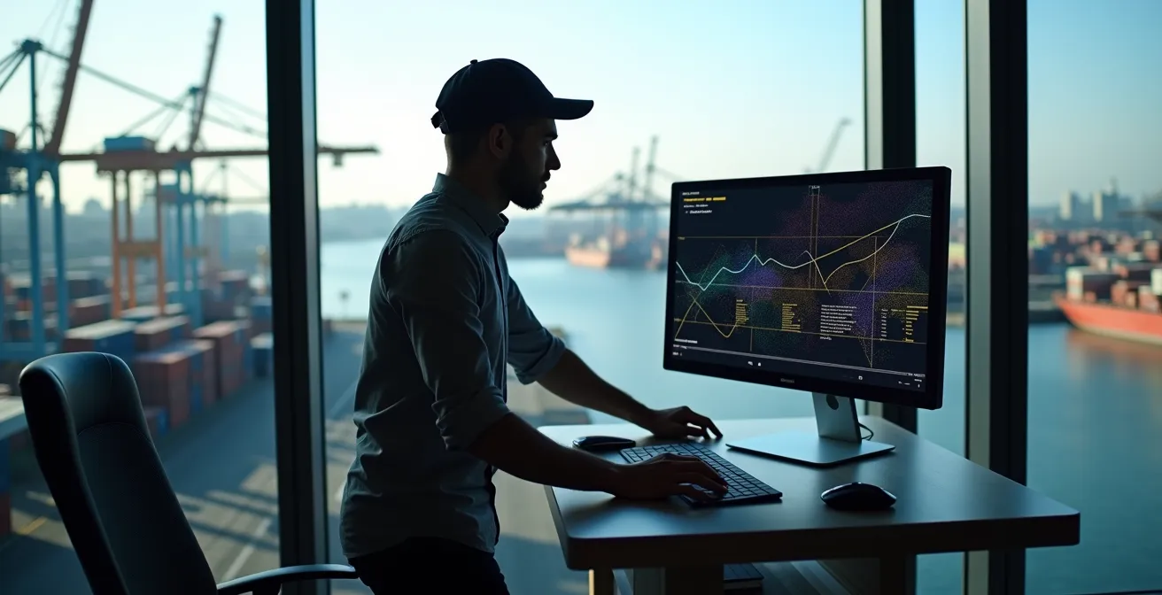 Bureau moderne avec vue sur le port de Montréal, ordinateur montrant des graphiques de flux logistique