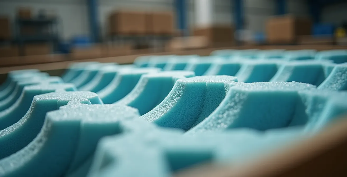 Gros plan sur un caisson d'emballage certifié avec calage professionnel pour équipement sensible