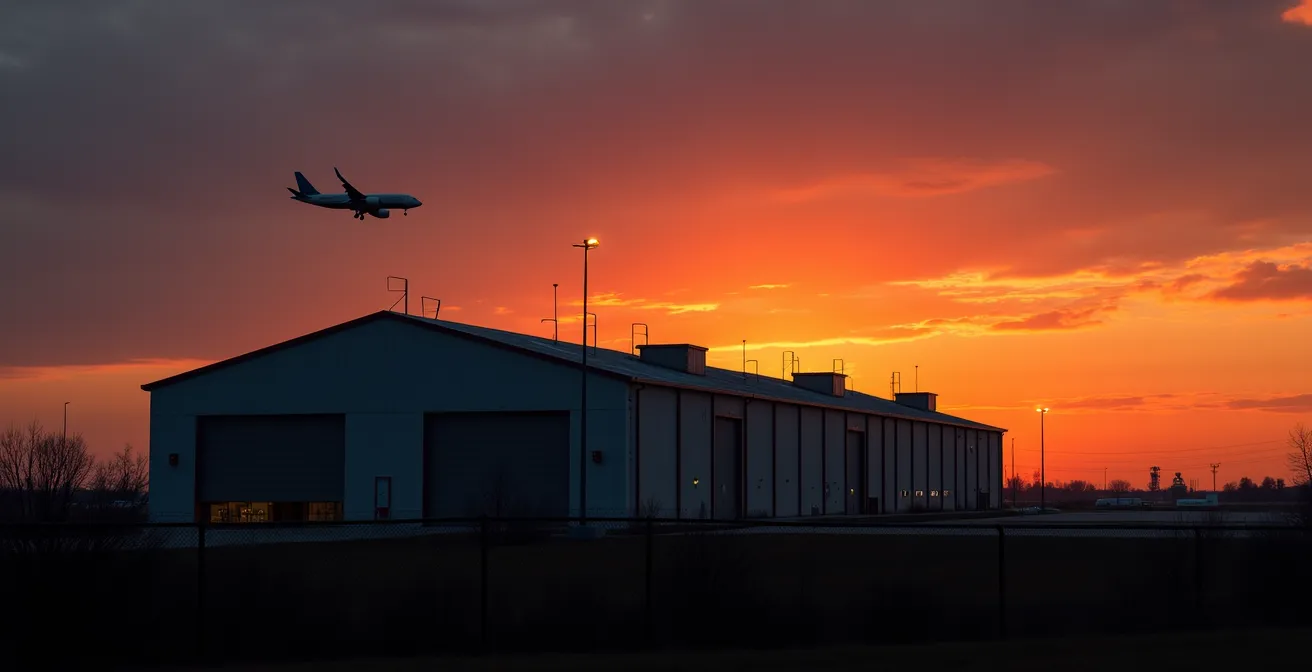 Complexe industriel aérospatial de Montréal photographié au crépuscule avec silhouettes d'hangars