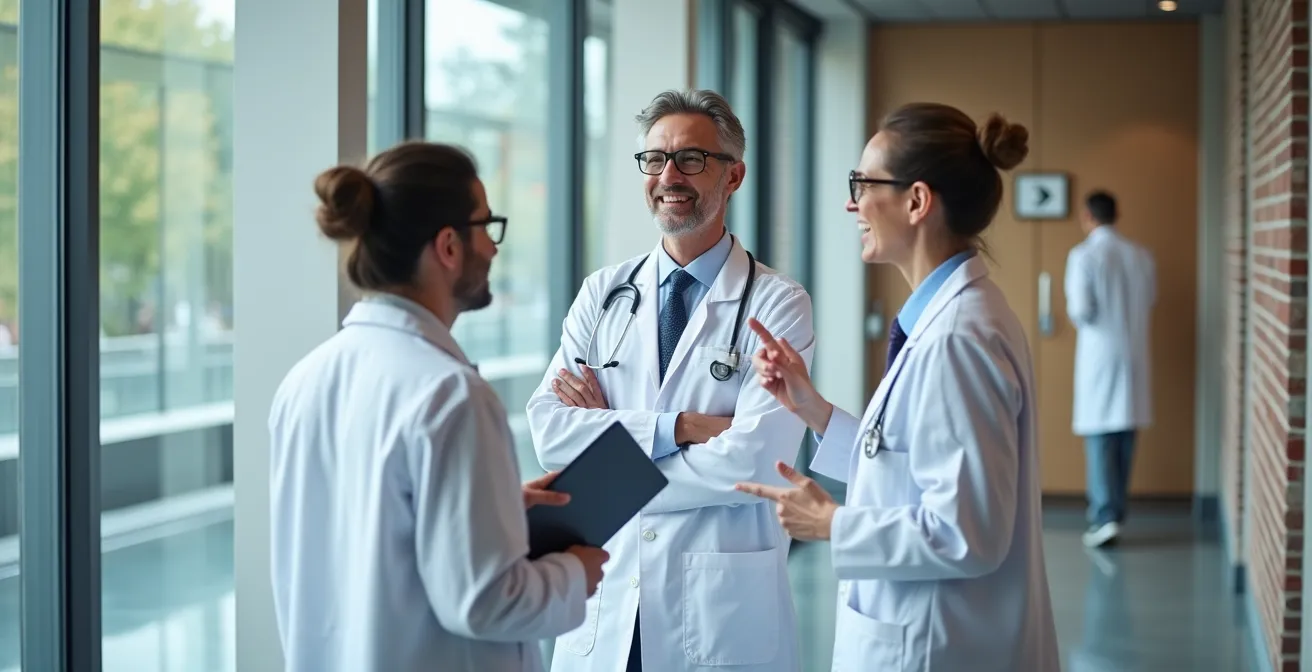 Corridor moderne d'hôpital avec personnel médical en discussion