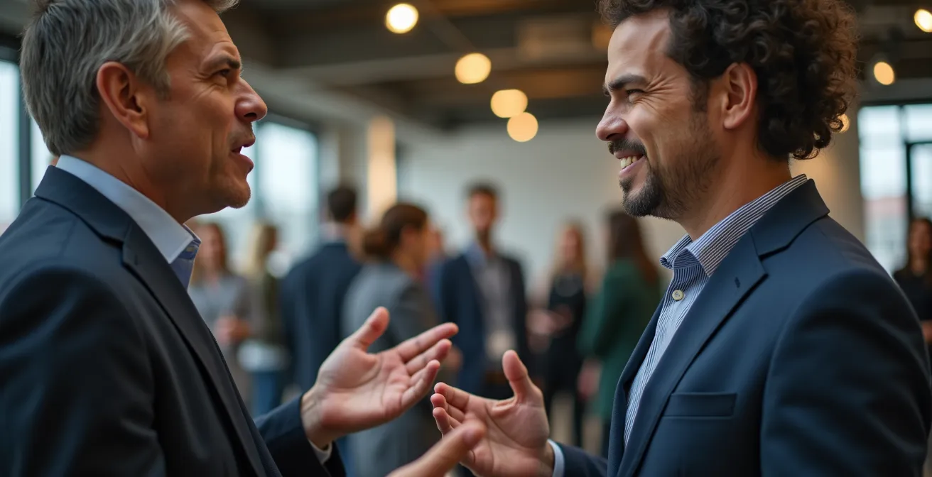 Professionnels échangeant lors d'un événement de réseautage dans un espace industriel montréalais