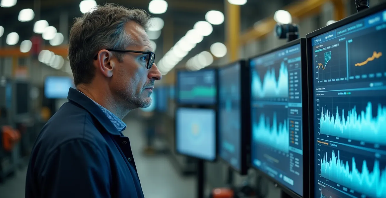 Professionnel analysant des systèmes de données dans un environnement industriel