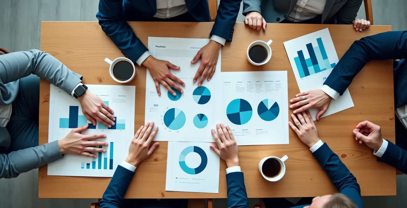 Professionnels en réunion analysant des graphiques financiers sur une table de conférence