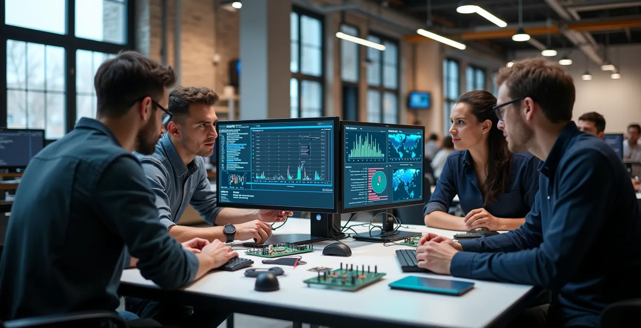 Équipe technique présentant un prototype technologique lors d'une réunion POC dans un laboratoire d'innovation