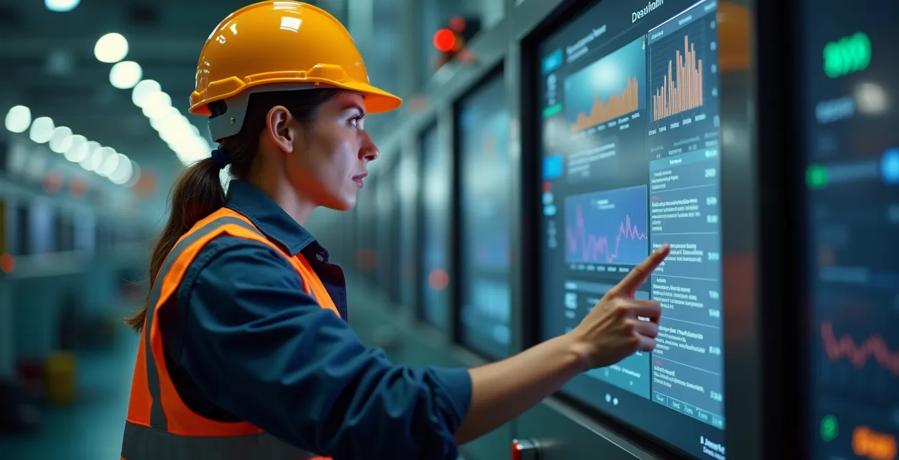 Opérateur industriel consultant un tableau de bord numérique tactile dans un atelier de production