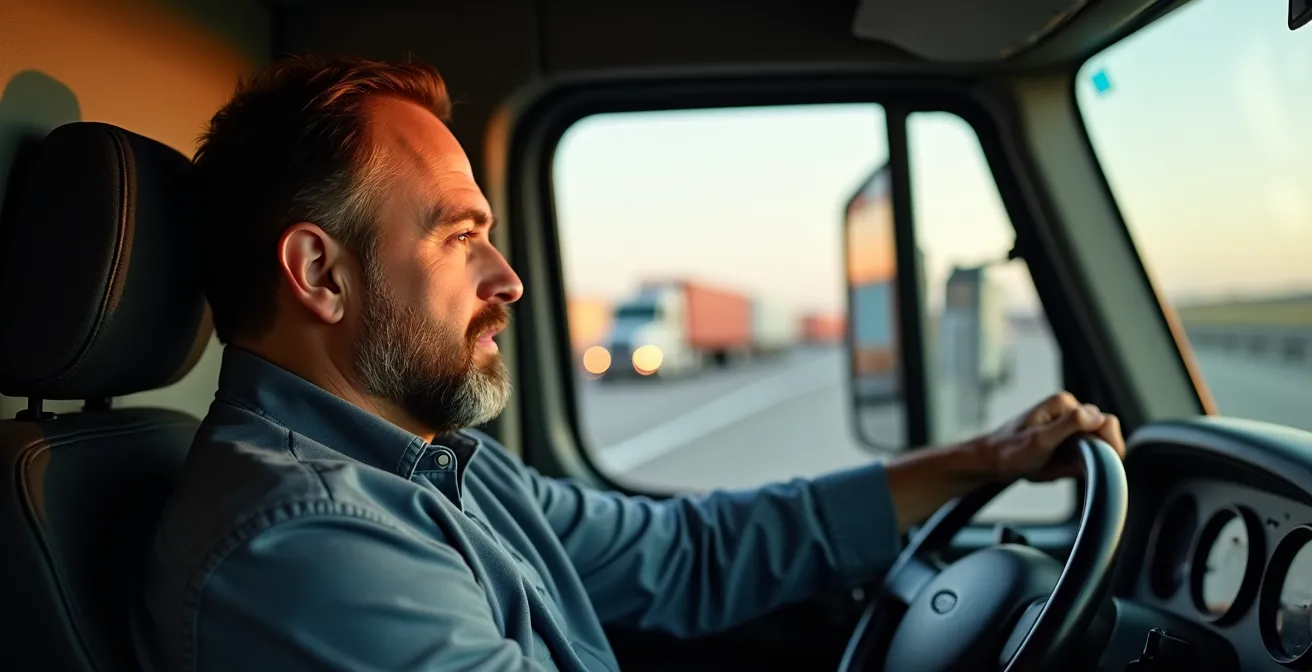 Camion de transport commercial traversant le poste frontalier de Lacolle avec infrastructure douanière moderne