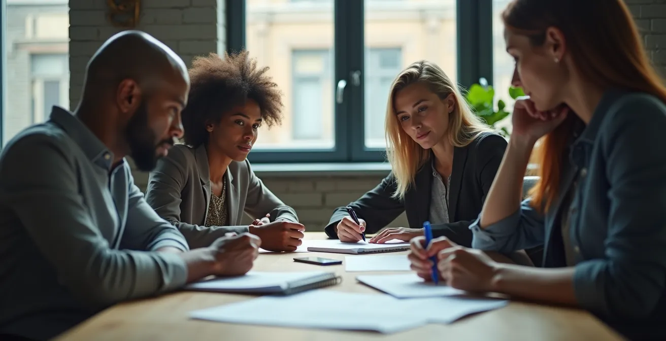 Équipe multidisciplinaire en réunion de préparation d'audit dans une salle moderne