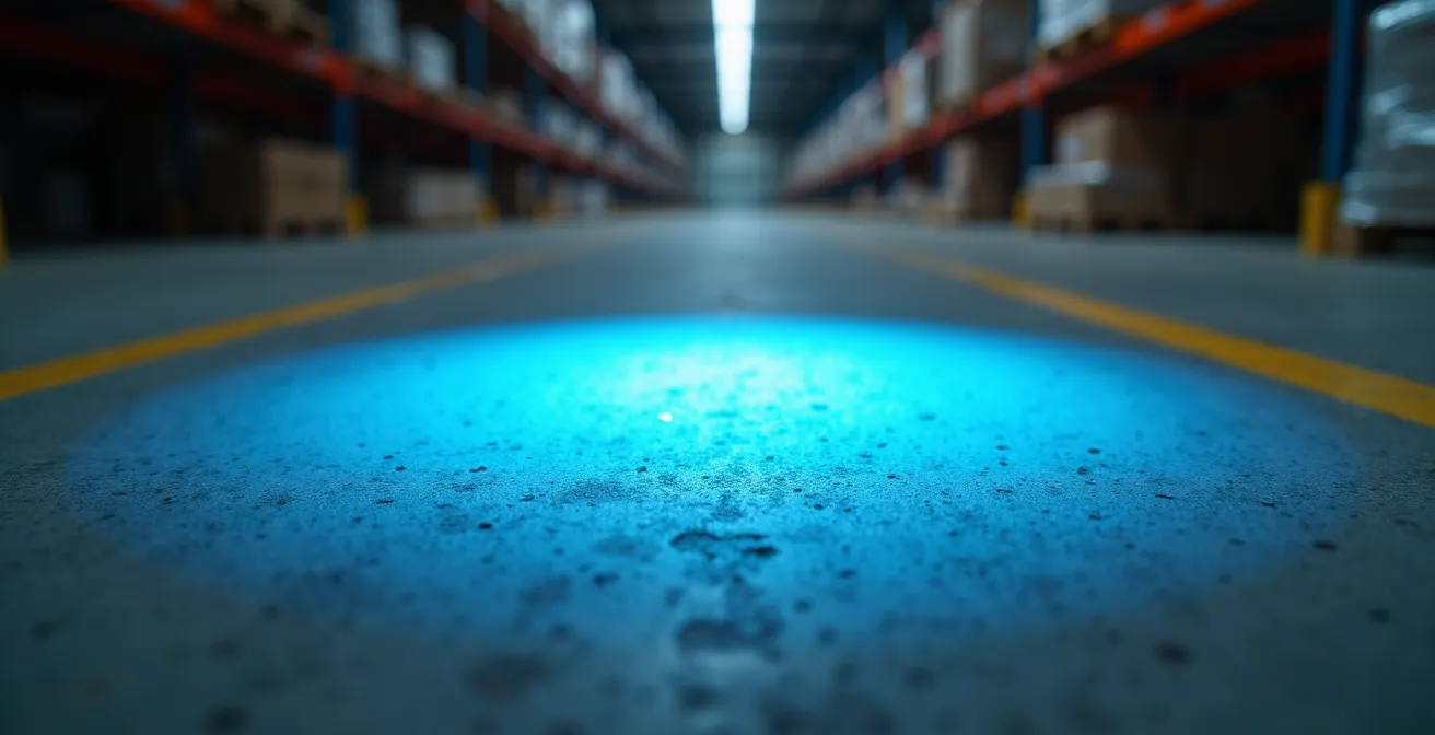 Projection lumineuse bleue au sol d'un chariot élévateur avertissant les piétons dans un entrepôt industriel