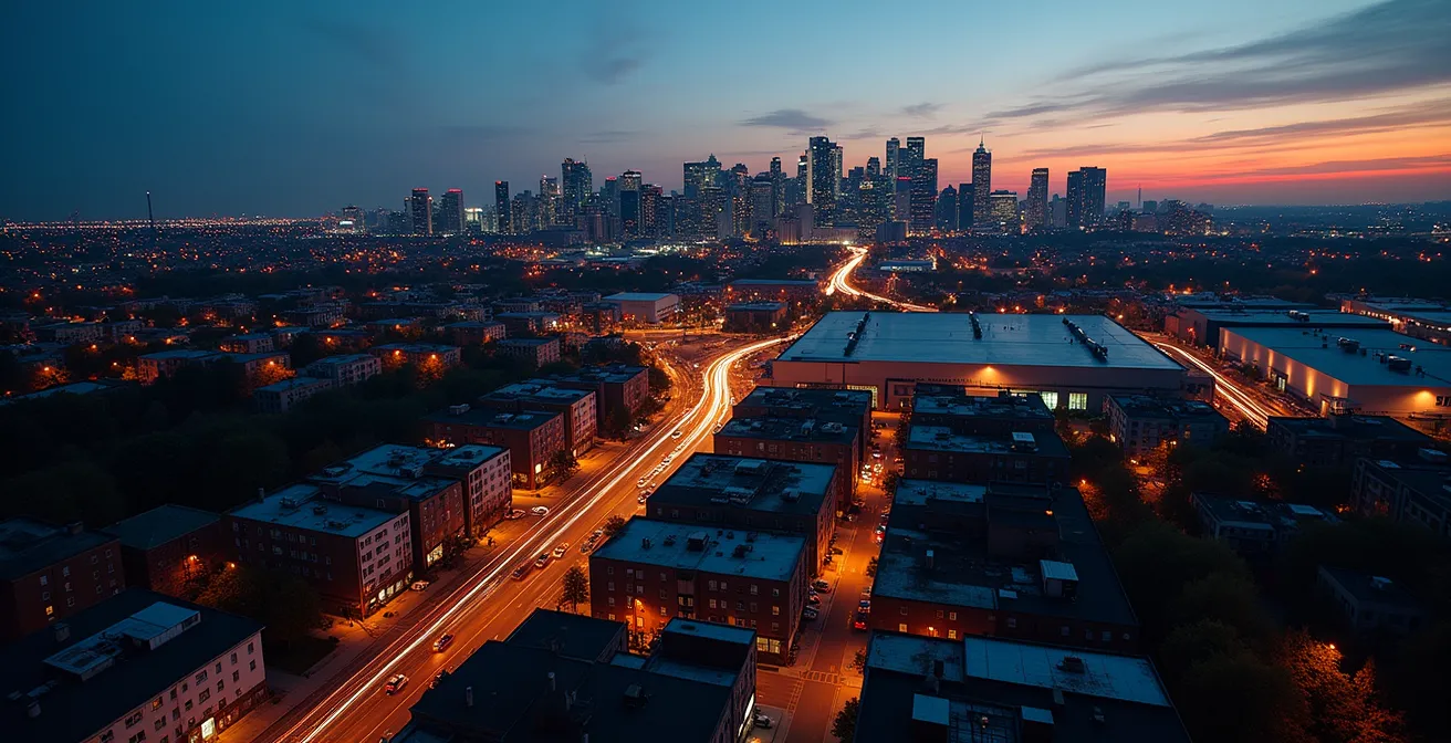 Vue aérienne stylisée de Montréal montrant les zones résidentielles abordables connectées aux parcs industriels par le réseau de transport