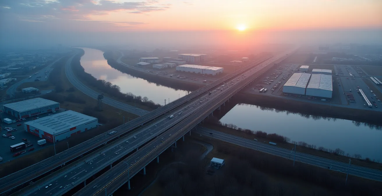 Vue aérienne des zones industrielles de Montréal avec les principaux axes routiers et connexions autoroutières