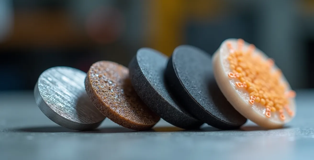 Gros plan macro sur différents échantillons de matériaux d'impression 3D montrant leurs textures et structures distinctives