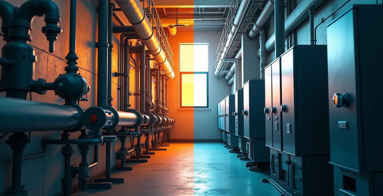 Installation industrielle moderne avec équipements électriques et conduites de gaz