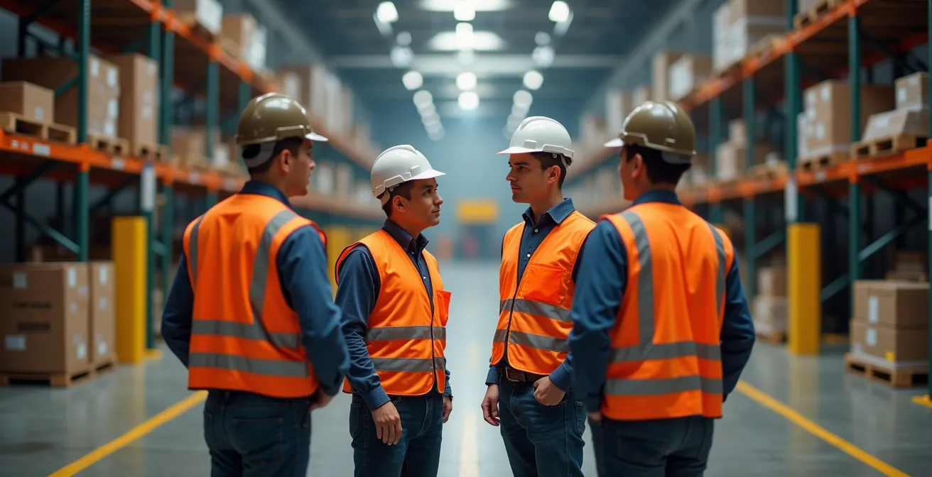 Réunion de sécurité avec caristes et superviseur dans un entrepôt montréalais moderne