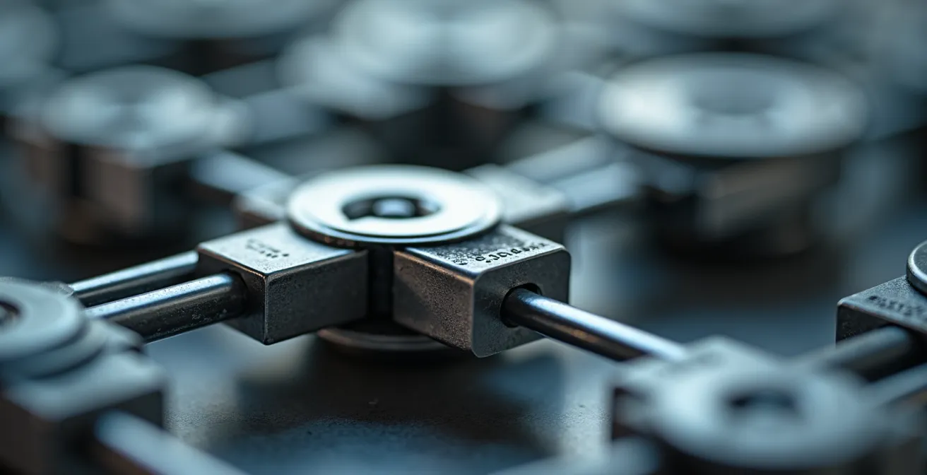 Vue macro d'assemblages mécaniques démontables avec vis standards et clips de fixation