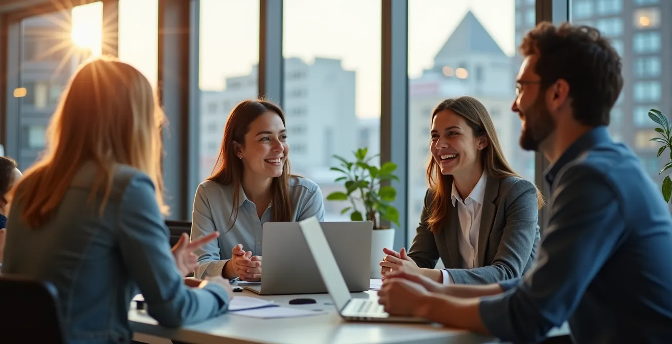 Équipe diversifiée travaillant dans un bureau moderne de Montréal avec vue sur le Mont-Royal