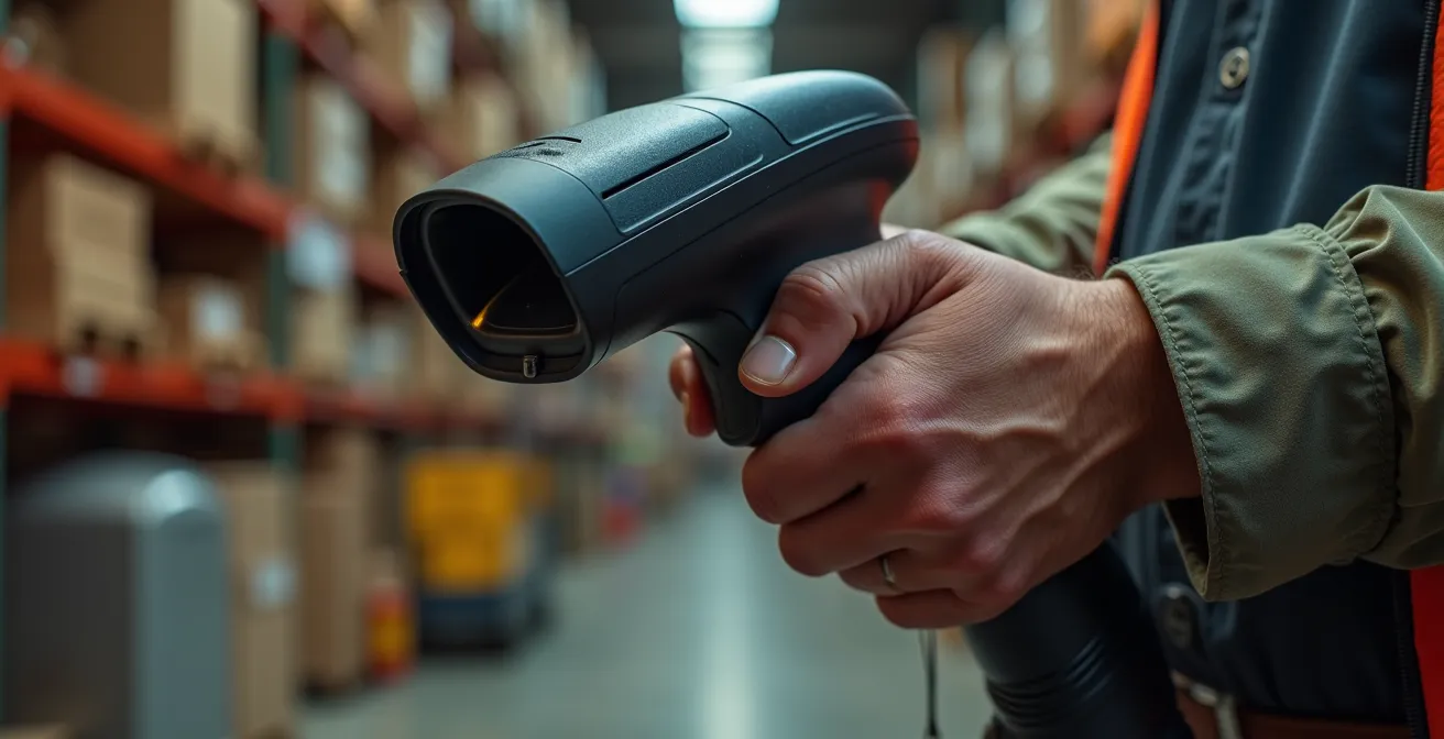 Gros plan sur les mains d'un cariste expérimenté manipulant un scanner industriel avec assurance
