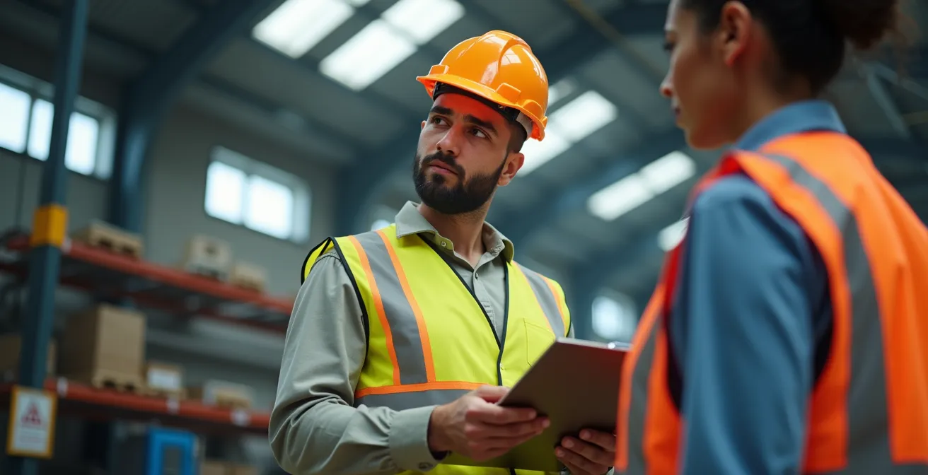 Inspecteur en sécurité du travail effectuant une visite d'inspection dans un environnement industriel
