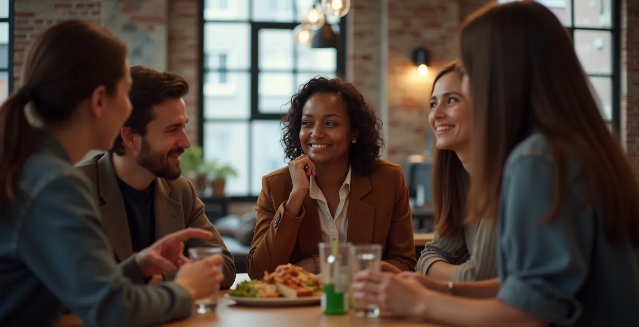 Groupe multiculturel de travailleurs partageant un moment convivial dans un espace communautaire montréalais