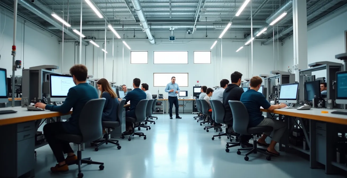 Un mentor expérimenté guide un groupe de jeunes professionnels dans un centre de formation technique