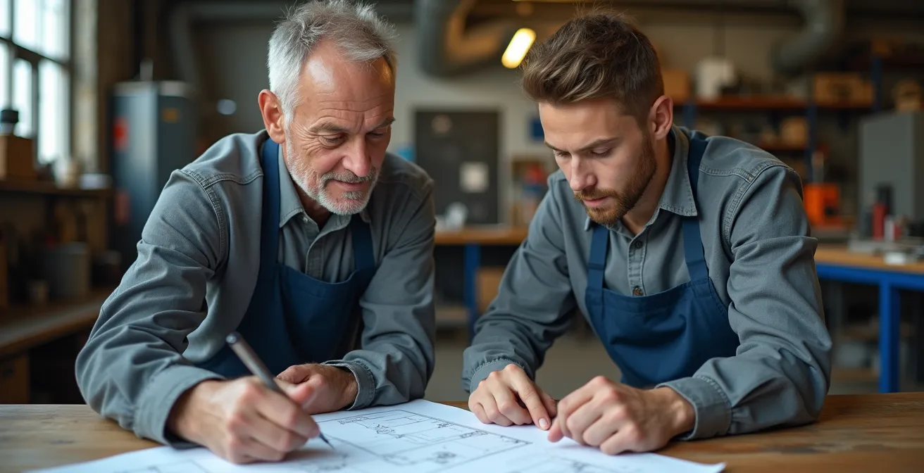 Session de mentorat technique entre employés expérimentés et nouveaux techniciens