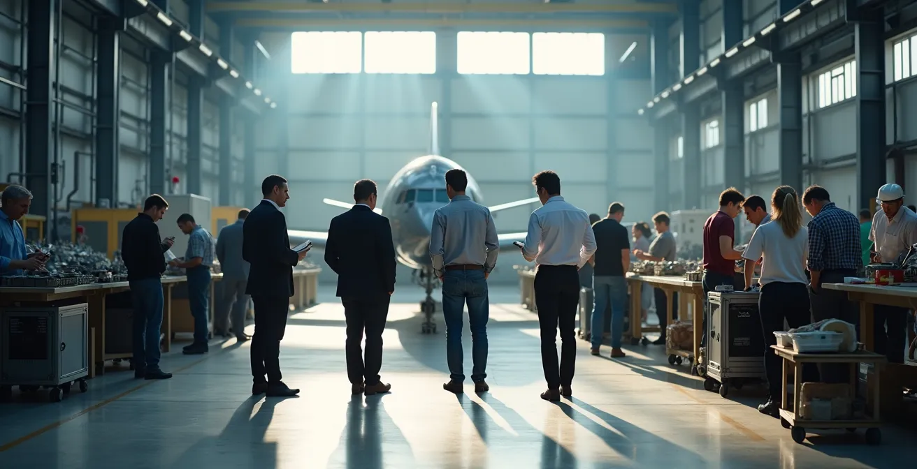 Dirigeants observant les opérations de production dans une usine aérospatiale montréalaise lors d'une marche Gemba