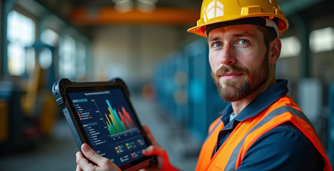 Technicien en industrie utilisant une tablette durcie pour superviser la production en temps réel