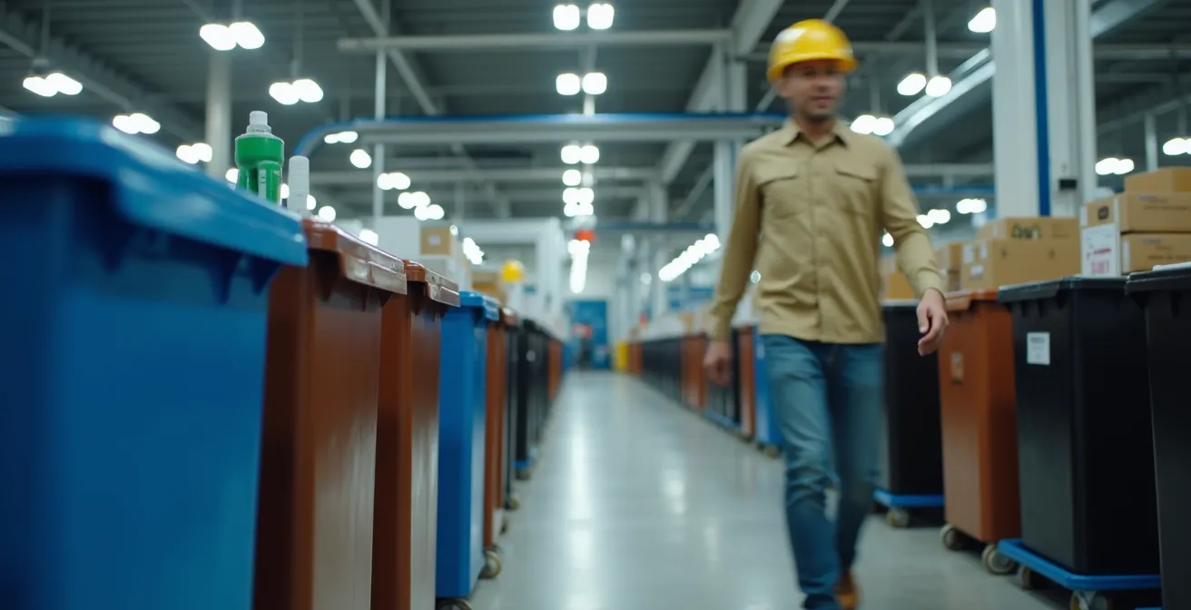 Intérieur d'usine montrant l'organisation stratégique des bacs de tri colorés près des postes de travail