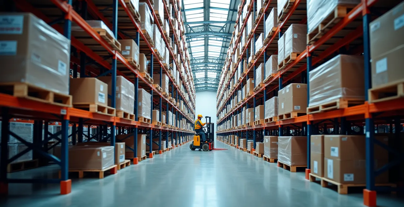 Vue aérienne d'un entrepôt montréalais montrant l'optimisation maximale de l'espace avec des allées étroites