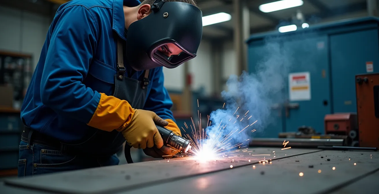 Soudeur en action avec système de captation de fumées correctement positionné dans un atelier québécois