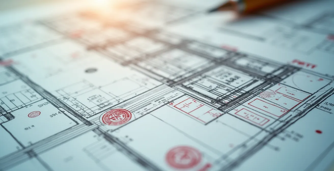 Vue macro de documents administratifs et plans architecturaux sur bureau professionnel