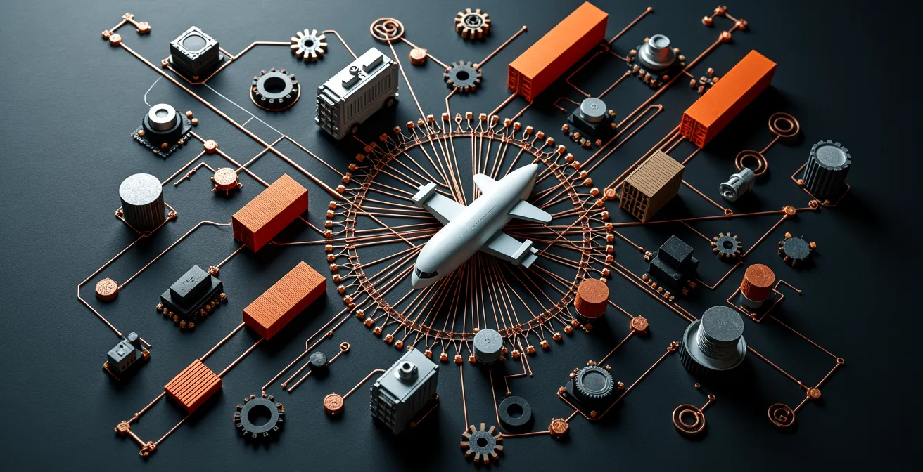 Vue aérienne stylisée du réseau industriel de Montréal montrant l'interconnexion des grappes économiques