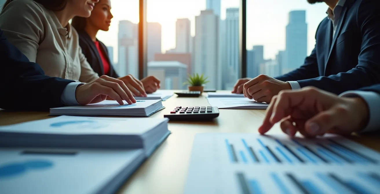 Équipe finance analysant les économies d'un projet Kaizen sur tableau de données dans un bureau moderne de Montréal