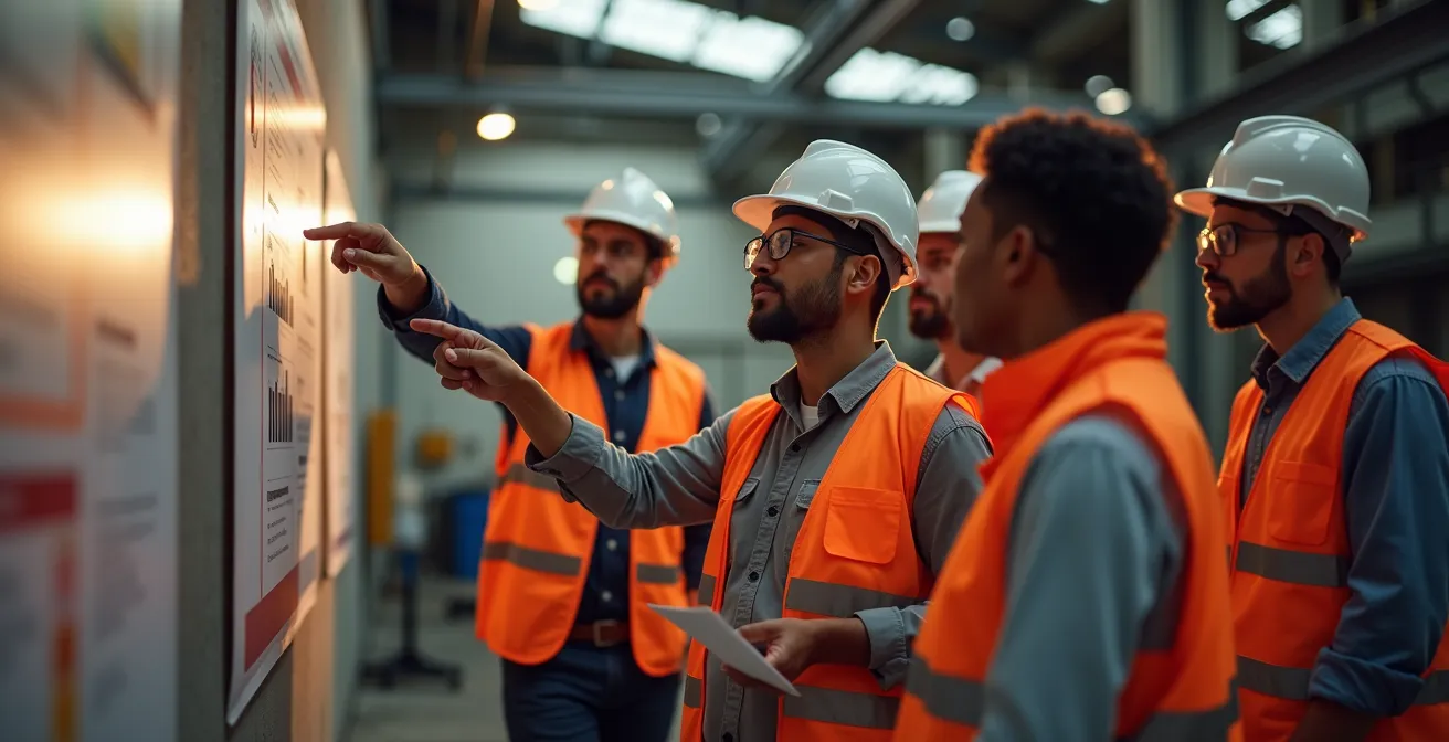 Équipe en réunion de préparation d'audit dans un environnement industriel