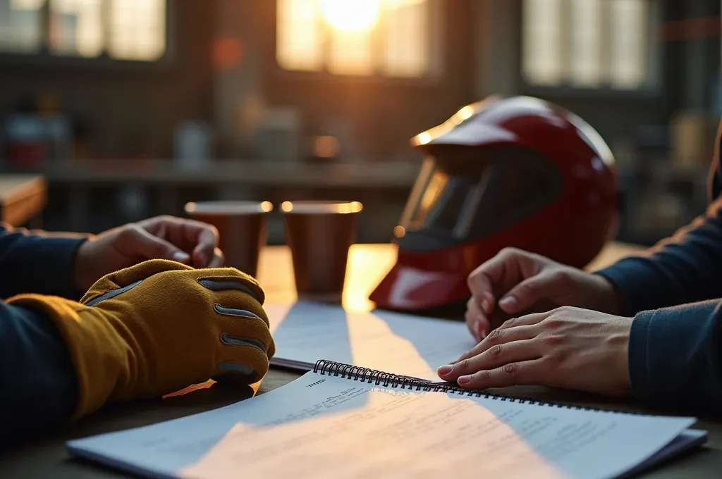 Entretien de rétention bienveillant entre superviseur et soudeur dans un bureau d'usine
