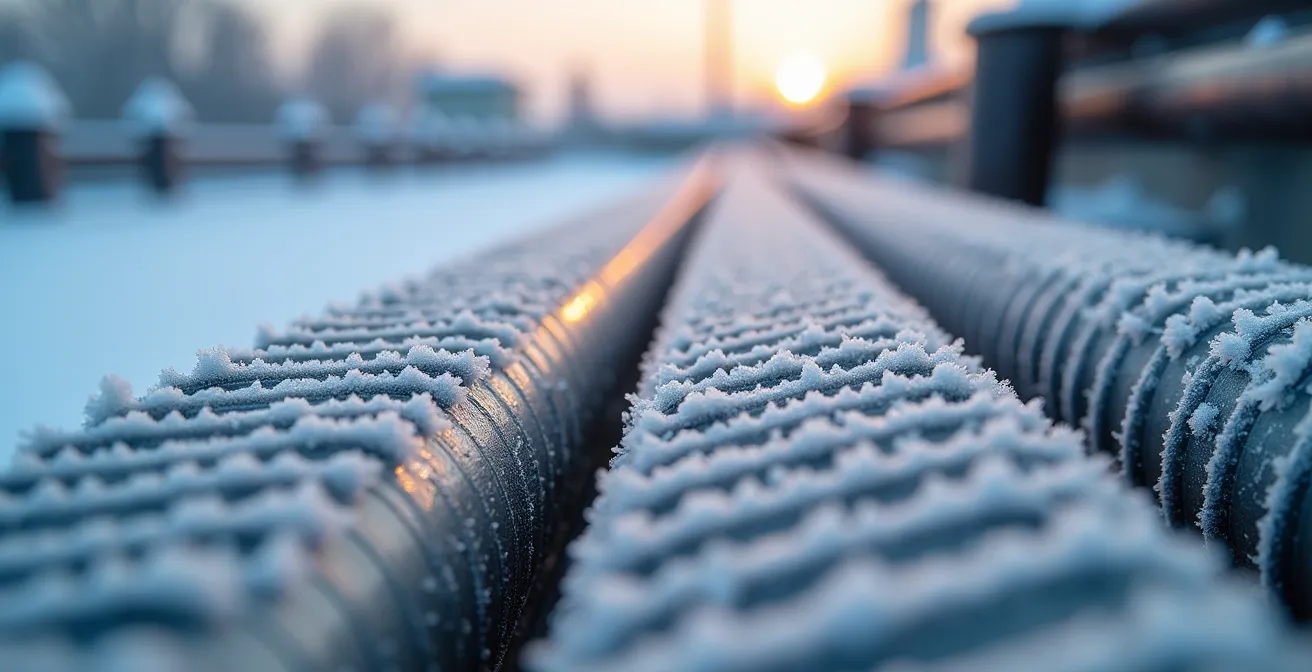 Vue détaillée d'un échangeur de chaleur industriel avec givre visible sur les conduits extérieurs en hiver québécois
