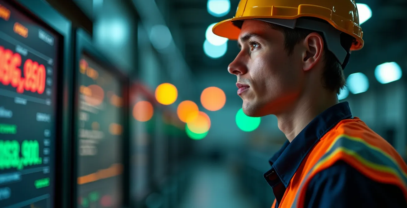 Salle de contrôle industrielle avec écrans de surveillance énergétique en temps réel