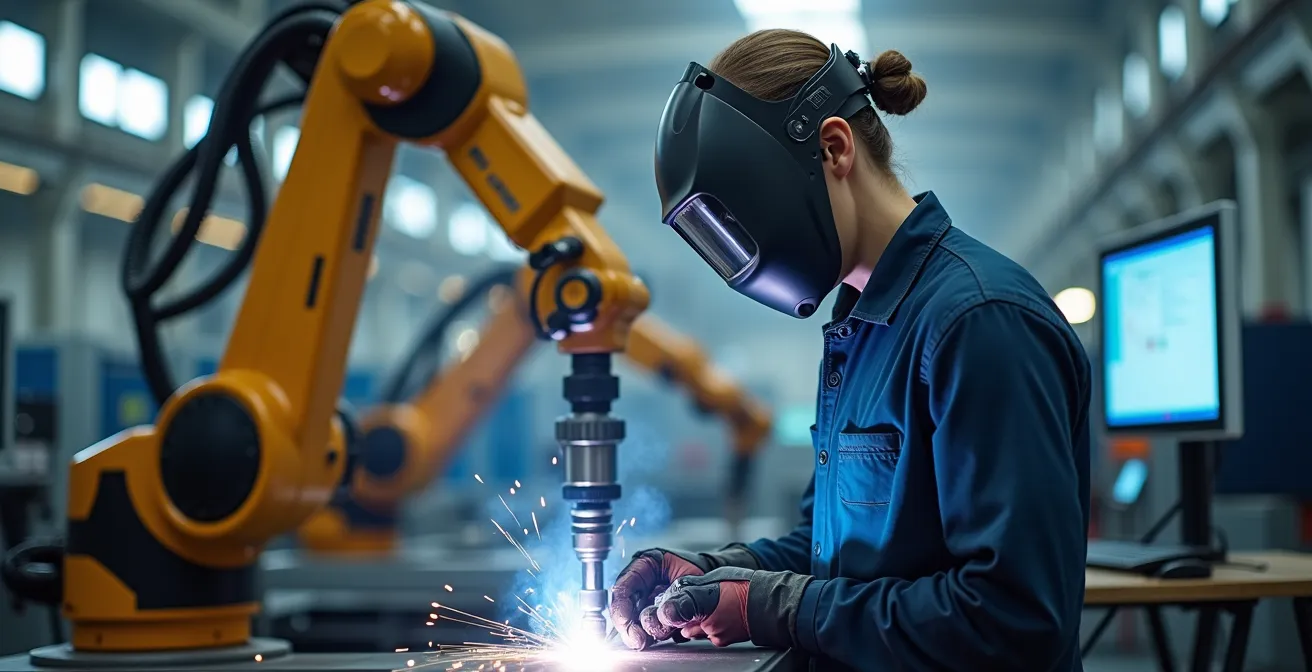 Intérieur d'une usine 4.0 montréalaise avec soudeur travaillant aux côtés de robots collaboratifs