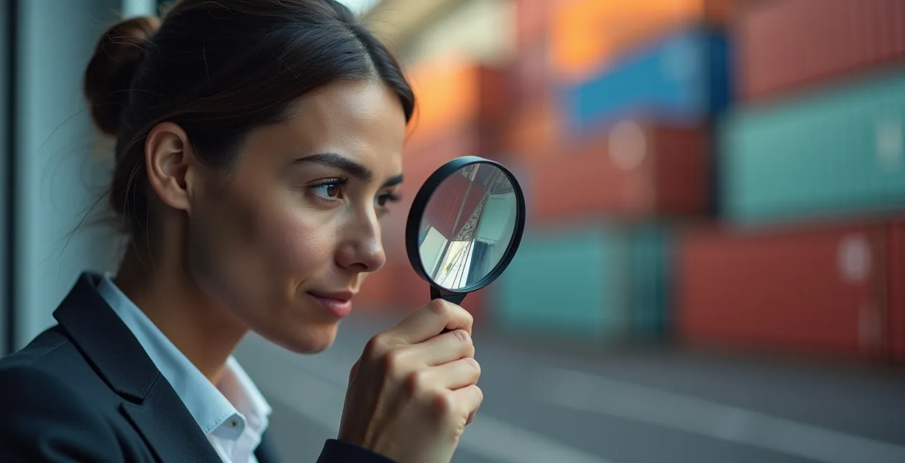 Scène d'inspection douanière avec documents et conteneurs au port de Montréal