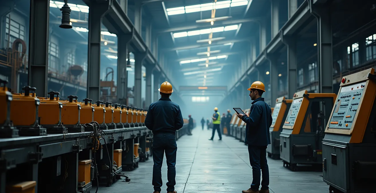 Vue large d'une usine québécoise montrant la coexistence harmonieuse entre équipements traditionnels et technologies numériques